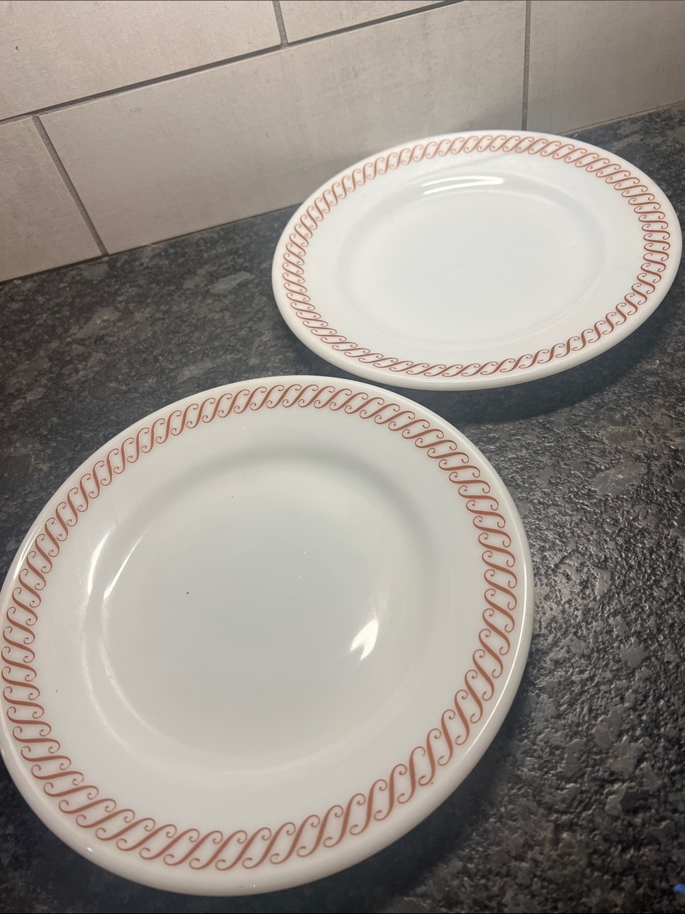 Milk Glass Pyrex plates by Corning. REGENCY. S scroll pattern. 9” Dinner/Lunch
